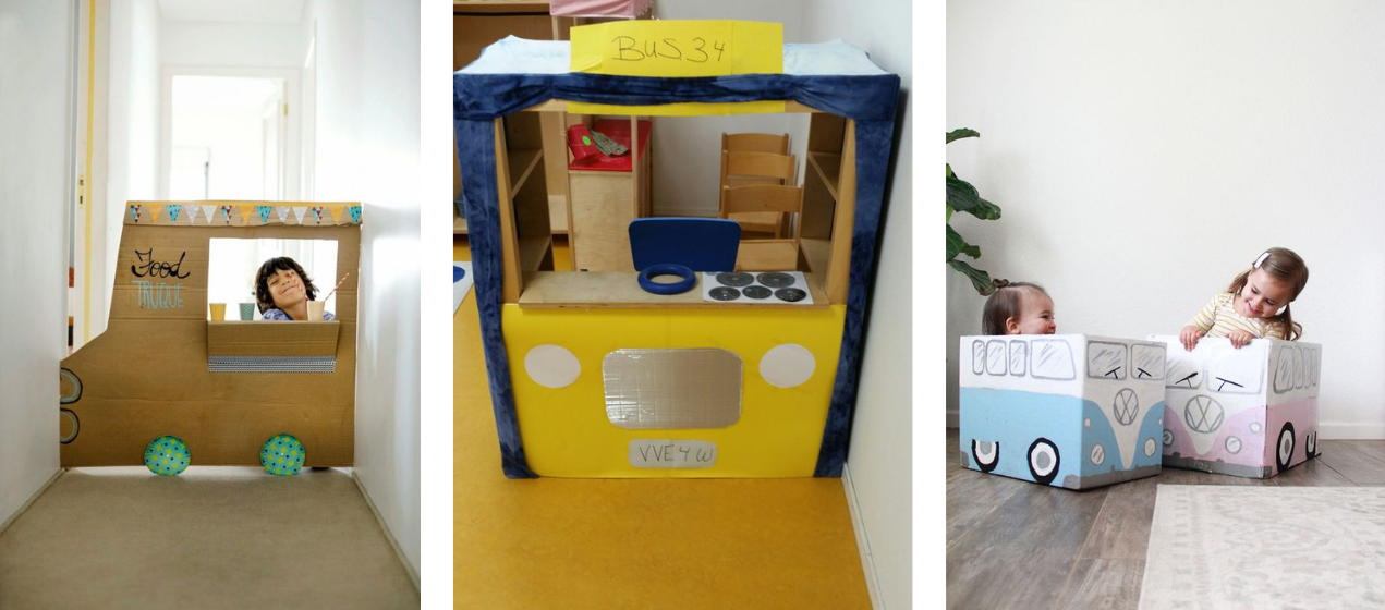 food truck, autobus a auta z kartonových krabic pro děti
