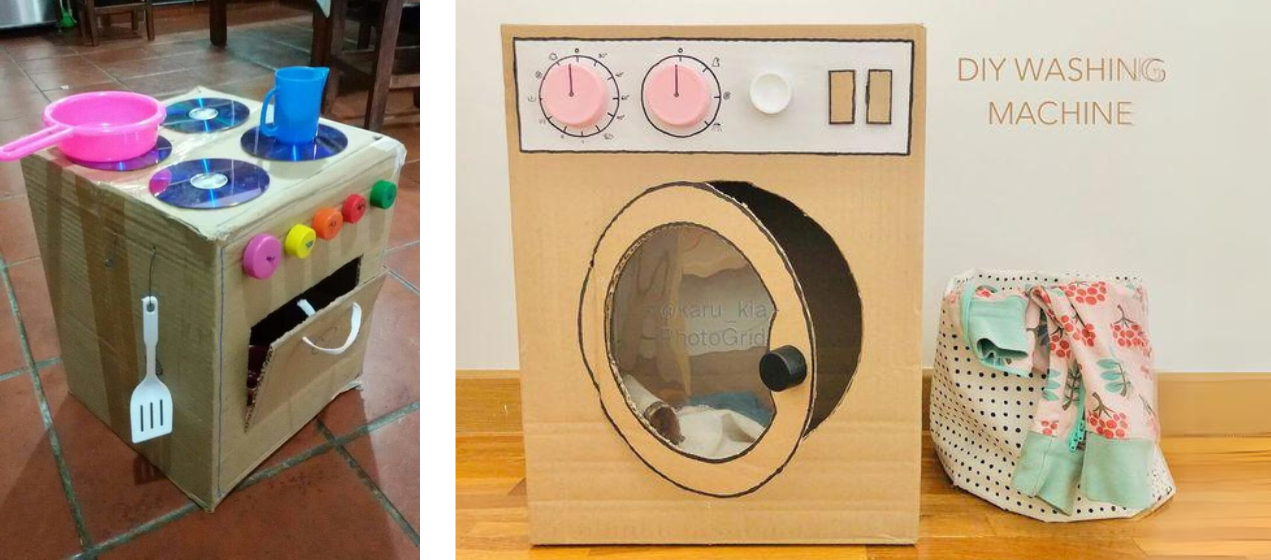 sporák a pračka z kartonové krabice