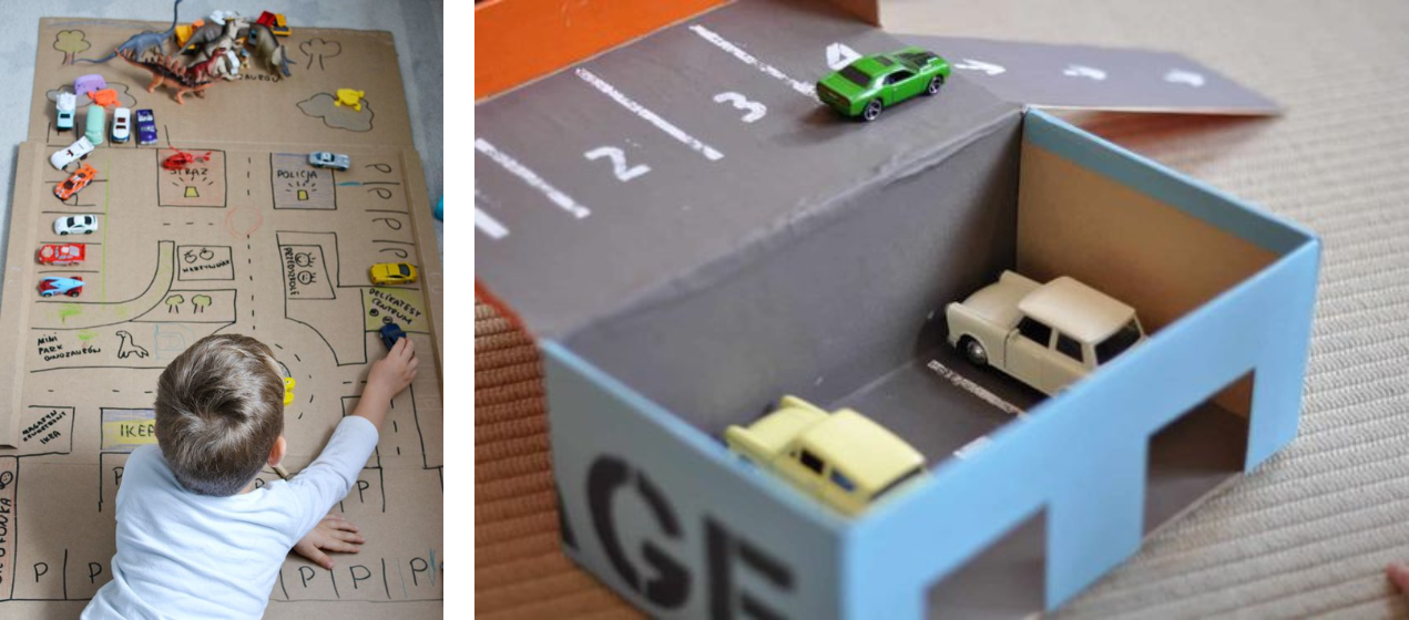 cesty a garáž z kartonové krabice