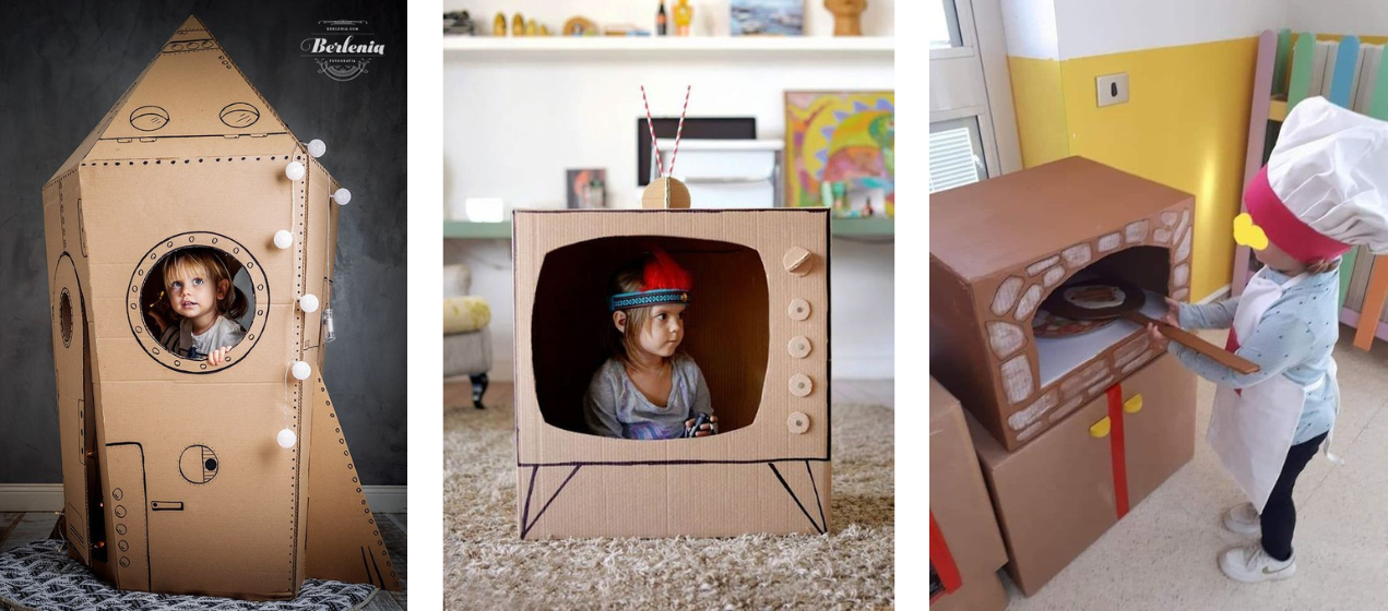 raketa, televize a pec na pizzu z kartonové krabice