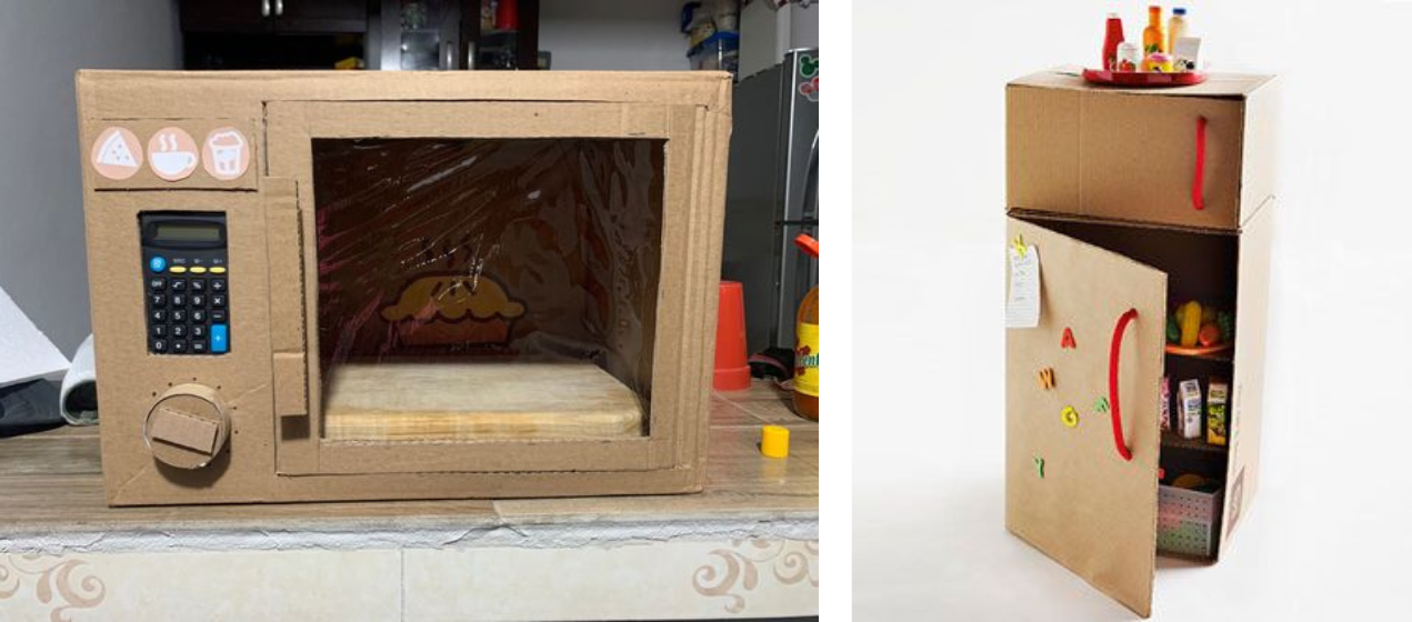 mikrovlnka a lednice z kartonové krabice